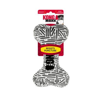 Brinquedo para cão KONG MAXX em forma de osso com padrão preto e branco.