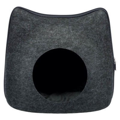 Toca para gatos cinza escuro em forma de cabeça de gato com entrada circular