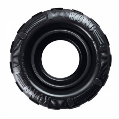 Brinquedo para cão preto em forma de pneu com a palavra KONG