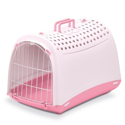 Transportadora para animais de estimação em plástico cor de rosa e branco com porta metálica frontal
