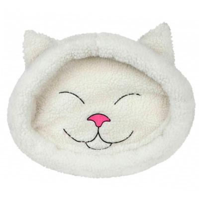 Cama redonda branca para animais com rosto de gato bordado