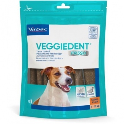 Embalagem de snacks dentários para cães VEGGIEDENT FR3SH com imagem de cão