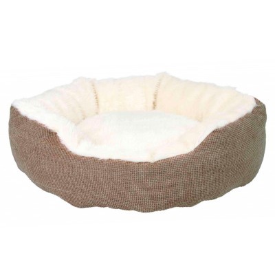 Cama circular para animais de estimação castanha e branca