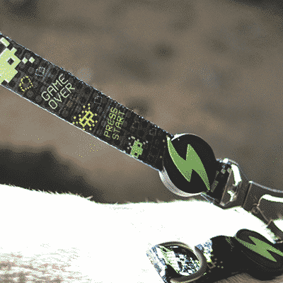 Correia para animais com padrão retro e texto Game Over