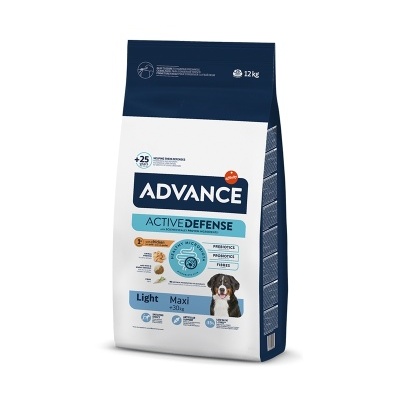 Embalagem azul e branca de ração para cães Advance Active Defense Light Maxi com texto e imagem de cão