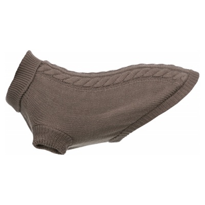 Camisola de malha castanha para cão com padrão trançado.