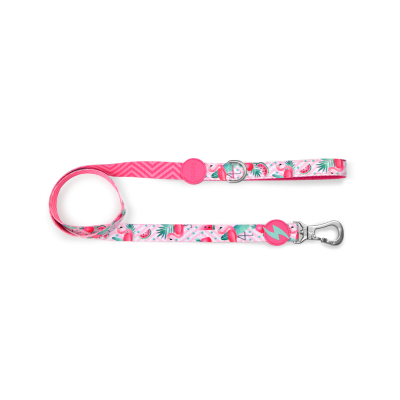 Trela para cão rosa e branca com padrão de flamingos