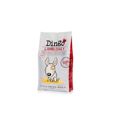 Saco de ração para cães Dingo Lamb&Daily branco com vermelho e desenho de cão