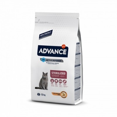Ração para gatos Advance Sterilized Senior em saco branco com imagem de gato cinzento
