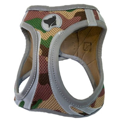 Peitoral para cão camuflado com detalhes cinza e logotipo