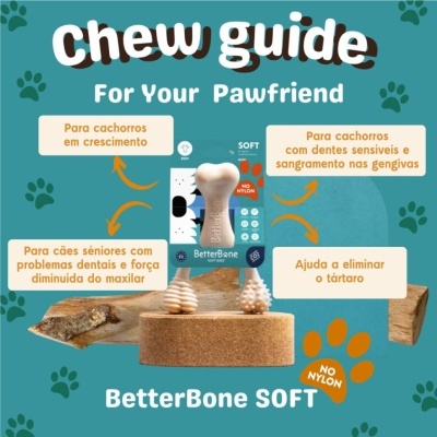 Produto BetterBone SOFT para cães com indicações para cachorros em crescimento, dentes sensíveis e cães seniores