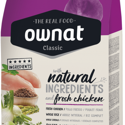 Embalagem de ração Ownat Classic Mini Adult com ingredientes naturais e imagem de cão