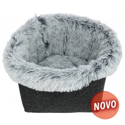 Cama para animais cinzenta e preta com etiqueta 'NOVO'