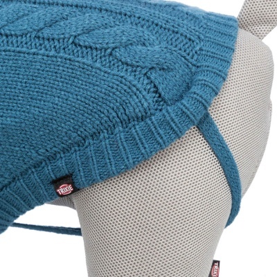 Capa azul em malha com padrão trança vestida em molde de cão cinzento