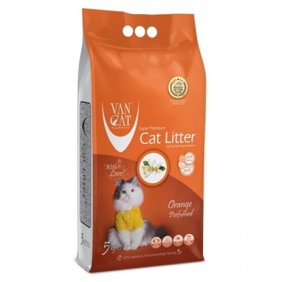 Saco de areia para gatos VAN CAT laranja e branco com imagem de gato e texto