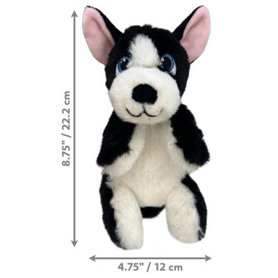 Pelúcia de cão preto e branco com olhos azuis, orelhas cor-de-rosa