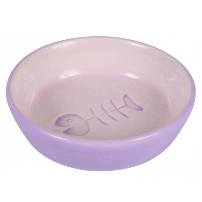 Taça redonda lilás com interior branco e relevo de esqueleto de peixe