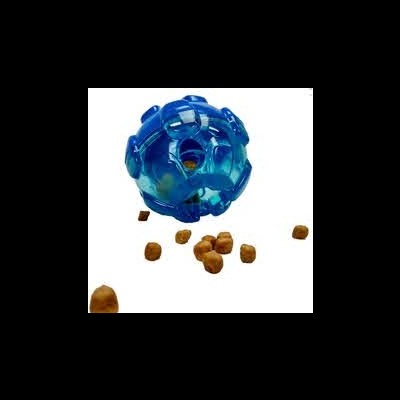 Brinquedo azul para cães em plástico com ração marrom e fundo branco