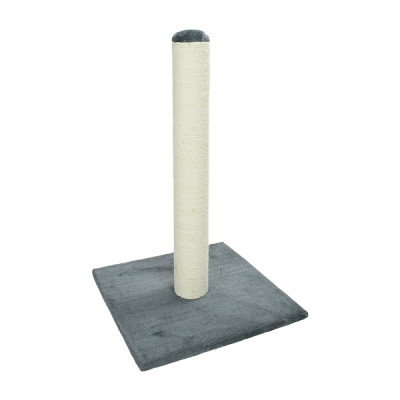 Arranhador para gatos com base quadrada cinza e poste em sisal