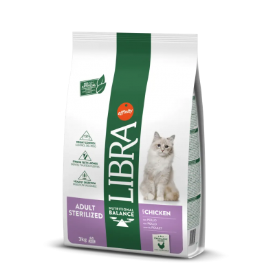 Saco de ração para gatos Libra Adult Sterilized Chicken 3kg branco e verde