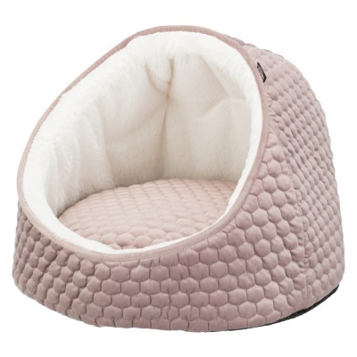 cama para animais em tecido rosa com interior branco acolchoado