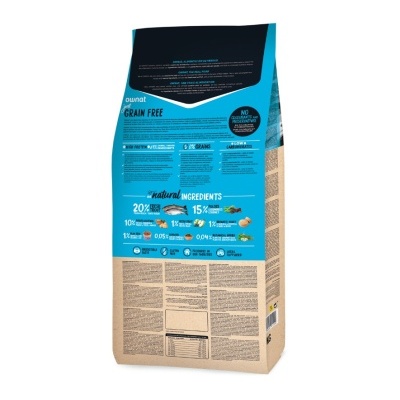 Pacote de ração para cães Duonat Grain Free azul e bege com texto e informações nutricionais