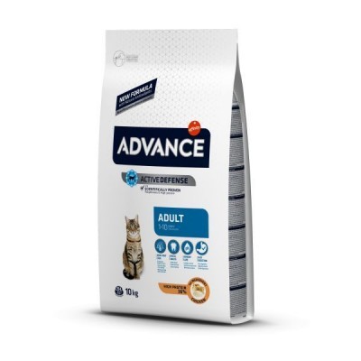 Saco branco de ração para gatos ADVANCE ADULT 10 kg com selo ACTIVEDEFENSE