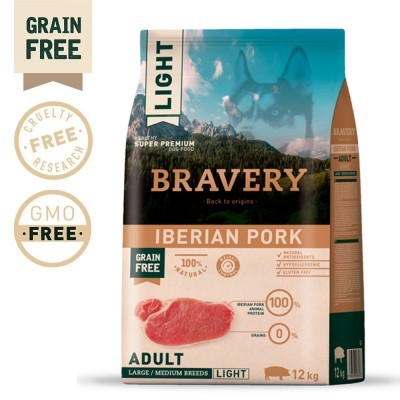 Saco de ração LIGHT BRAVERY Iberian Pork para cães adulto grandes e médios 12 kg