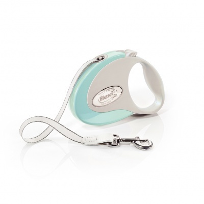 Trela retrátil para cães cinzenta e azul claro com fita branca