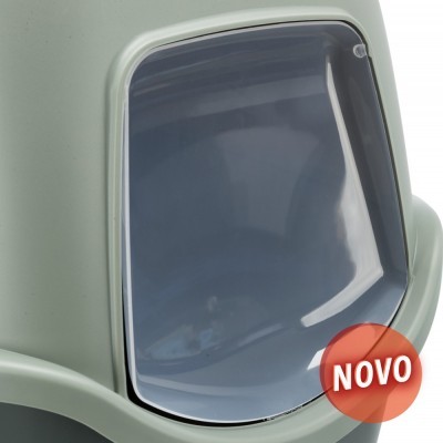 Caixa de reciclagem cinza com tampa transparente e etiqueta 'NOVO'