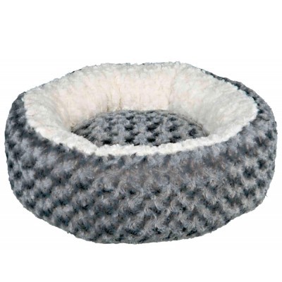 Cama redonda para animais cinzenta com interior branco peludo