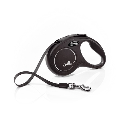 Trela retrátil Flexi preta com fita têxtil e gancho metálico