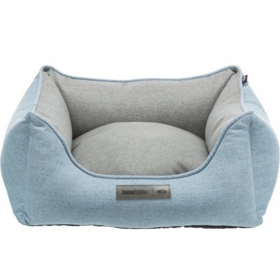 Cama para cão ou gato azul claro e cinzento com almofada interior e etiqueta frontal