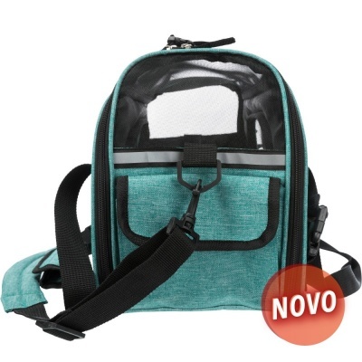 Mochila pequena verde água com frente transparente e etiqueta 'NOVO'