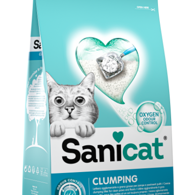 Saco de areia para gatos Sanicat Clumping azul e branco com imagem de gato e informações do produto