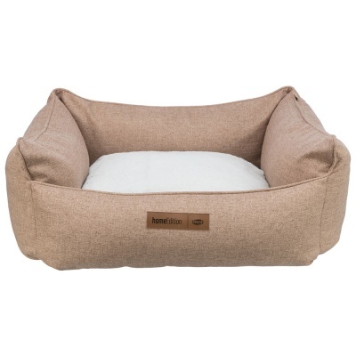 Cama bege para animais de estimação com almofada branca e etiqueta IKEA