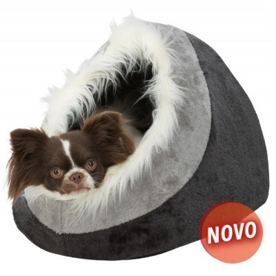 Abrigo para cães cinzento com interior peludo branco e etiqueta 'NOVO'