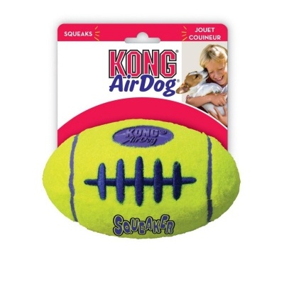 Brinquedo para cão em forma de bola de futebol americano amarelo com costuras azuis da marca KONG AirDog