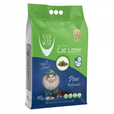 Saco verde e azul de areia para gatos Van Cat com imagem de gato vestido e texto em inglês