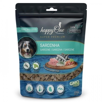 Embalagem azul e preta de snacks para cães sabor sardinha happyOne Super Premium 190g