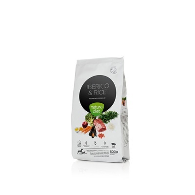 Embalagem branca de alimento para animais Iberico & Rice 500g da Natura diet