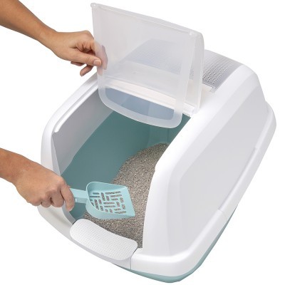 Caixa de areia para gatos branca com tampa transparente e pá verde água