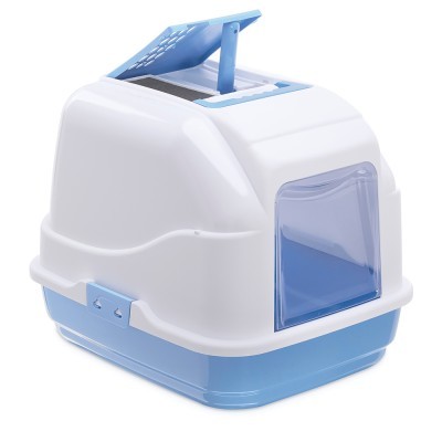 Caixa sanitária para gatos azul e branca com porta frontal translúcida