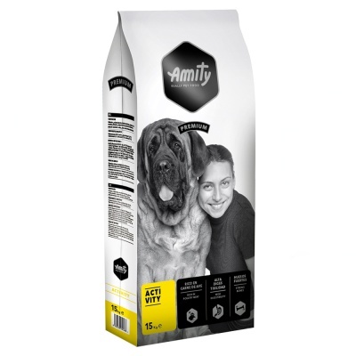 Saco de ração para cães Amity Premium Activity 15 kg com foto de um cão e uma criança