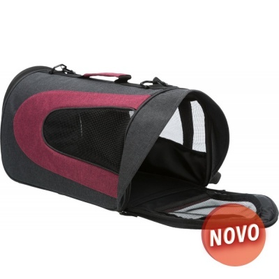 Transportadora para animais com tecido cinzento escuro e vermelho, painel em rede e etiqueta NOVO