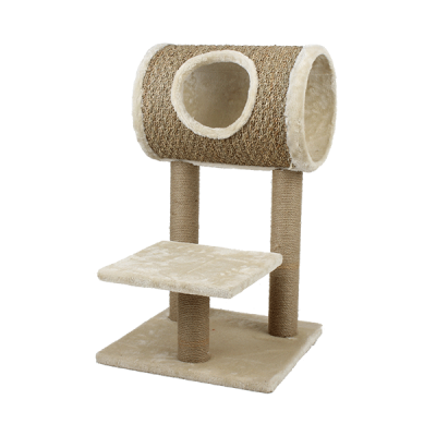 Arranhador para gato bege com tubo e plataformas