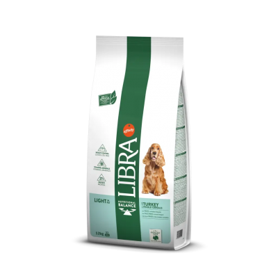 Saco de ração para cães Libra branco e verde com imagem de cão castanho