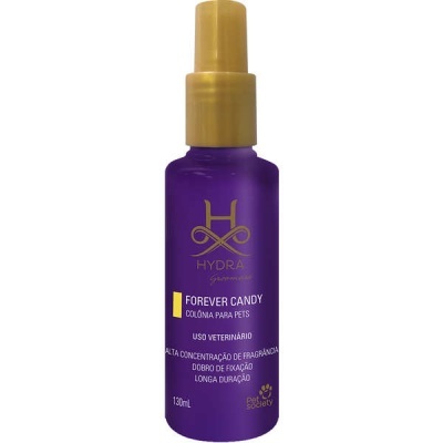 Frasco roxo de spray para pets com tampa dourada e texto branco e amarelo