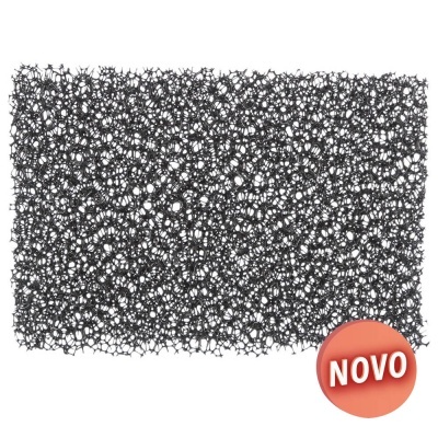 Rede plástica preta com trama aberta e etiqueta vermelha com texto NOVO