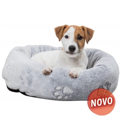 Cama para cão cinza claro com cão deitado e selo NOVO